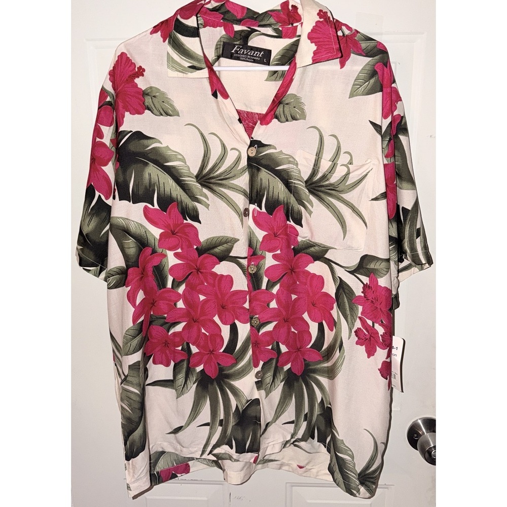 Favant Hawaii Aloha Shirt Men's L Pink Tropical Floral Rayon Camp Button Up NWT